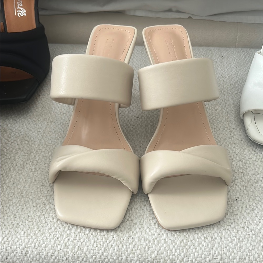 Cream Block Heel Mules with Square Toe